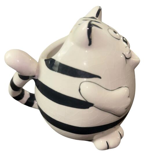 Pier 1 Imports Chubby Fat Cat Ceramic Creamer Black White Stripes Mini Vase - Picture 3 of 7
